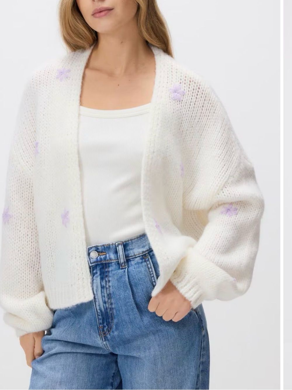 Reserved Women’s Cream Open Front Knit Cardigan with Lilac Floral Detail Size S